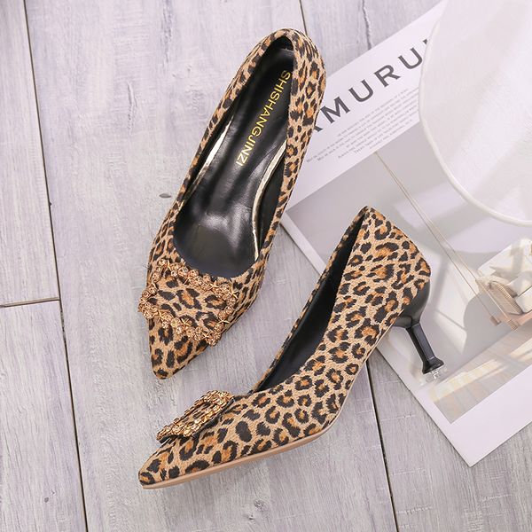 

new sale pointed toe high heels shoes female fashion high-quality leather leopard print women pumps zapatos de mujer w37-61, Black