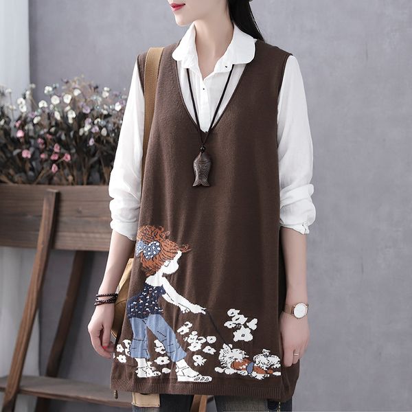 

2019 женщин вязаного жилета пальто длинного платье причинные женские девочки жилет студенты v-образный вырез без рукавов верхней одежды пуло, Black;white