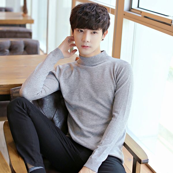 

2019 autumn and winter men's half-high round neck sweater solid color slim sweater men's pullover pullover, White;black