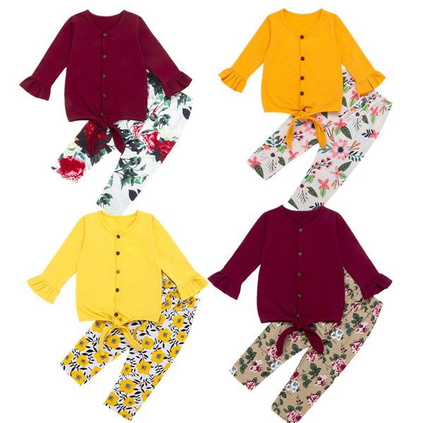 

2pcs baby girls tracksuit clothes t-shirt floral pants outfits, White