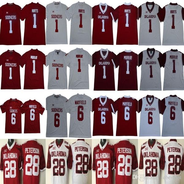 

college football 6 baker mayfield 1 kyler murray 1 jalen hurts 28 adrian peterson oklahoma sooners jerseys stitched university red white, Black