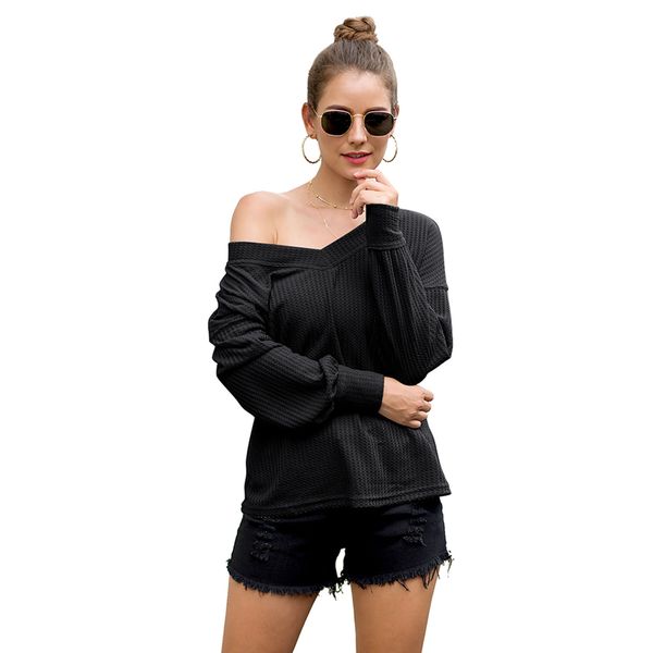 

women waffle knit tee long sleeve batwing drop shoulder v-neck pullover sweater loose casual blouse t shirts, White