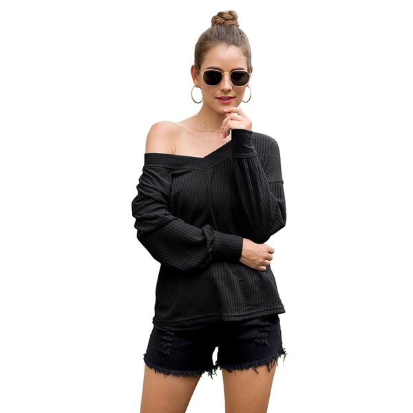 Frauen Waffelmuster T Top Langarm Batwing-Tropfen Schulter V-Ausschnitt-Pullover-Strickjacke lose beiläufige Bluse T Shirts