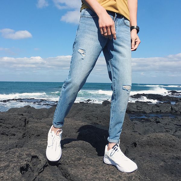 

2019 spring new men's elastic stretch loose fit denim trousers jeans men's new brand fashion cotton wear knee hole pants, Blue