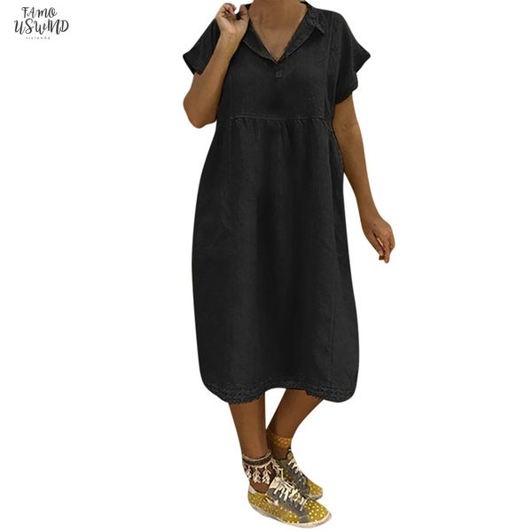 

summer womens plus size short sleeves loose solid v neck evening gown long lace summer dress autumn vestido de festa 2020, Black;gray