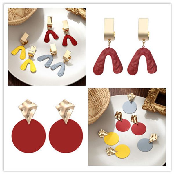 

korean style fashion jewelry simple modern women's earrings grey yellow red earrings temperament round geometric earrings, Silver