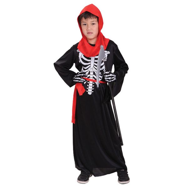 

kids child scary spooky skeleton death robe grim reaper costume for boys halloween purim carnival masquerade party outfit, Black;red