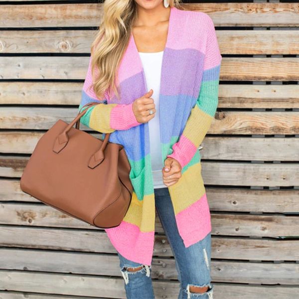 

knit cardigan women plus size womens patchwork long sleeve rainbow stripe cardigan sweater coat nice robe femme hiver, White
