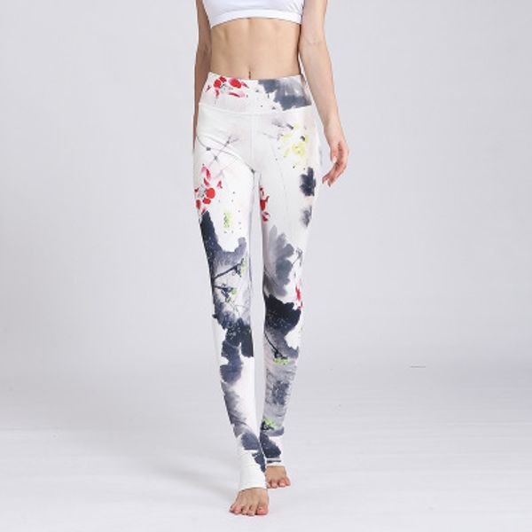 

new women yoga pants fitness leggings gym leggings female sports elastic chinese style printed running, White;red