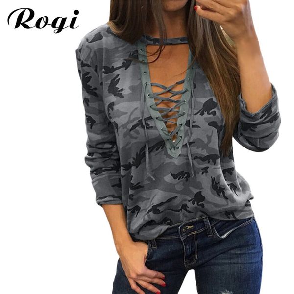 

rogi 2017 women camouflage sweatshirt v -neck hoodies pullovers female long sleeve bandage tracksuits jumper sudaderas mujer, Black