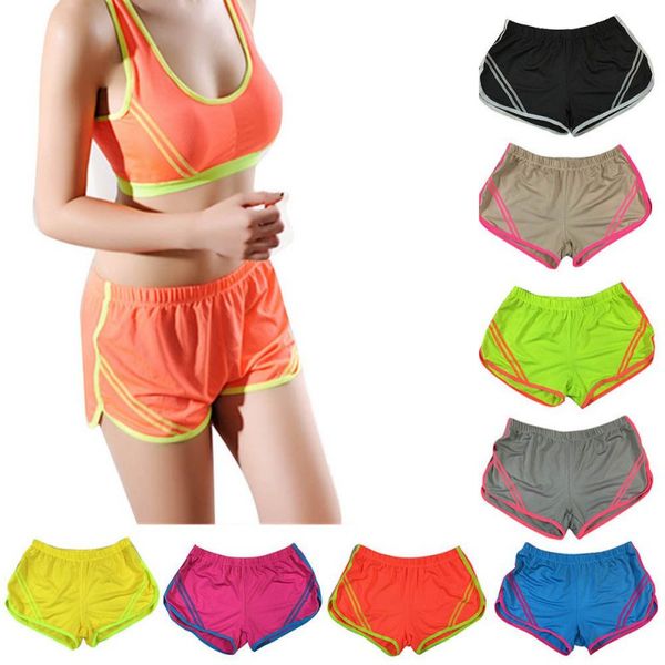 

women running sports yoga shorts color block yellow green fitness shorts for summer gym, White;red