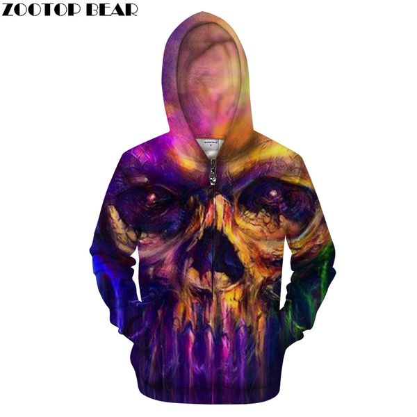 

color skull 3d zip hoodie men zipper hoody casual sweatshirt printed tracksuit pullover grootcoat streatwear dropship zooear, Black