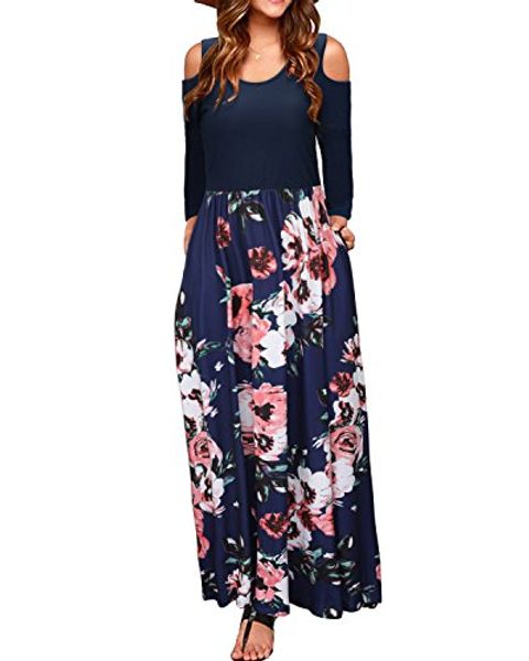 

styleword women's summer cold shoulder floral print elegant maxi long dress with pocket, Black;gray