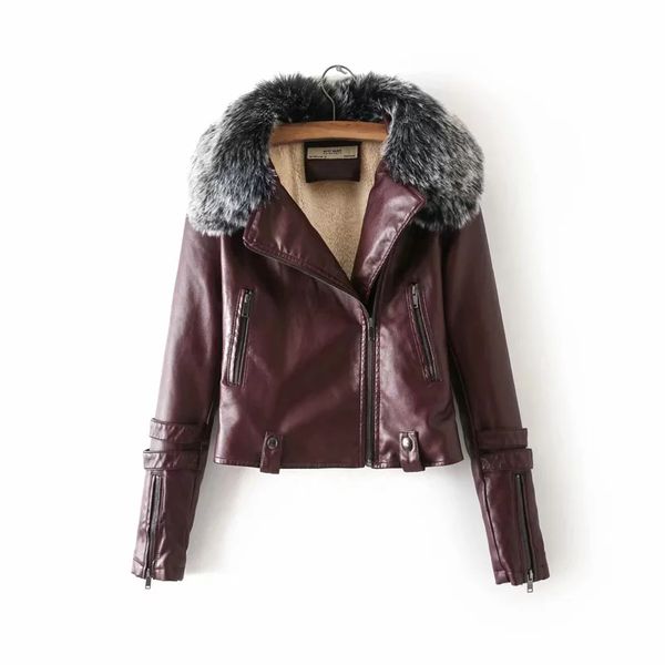 

2018 winter women warm coats detachable fur collar pu leather jacket fleece zippers pockets turn-down collar feminine streetwear, Black