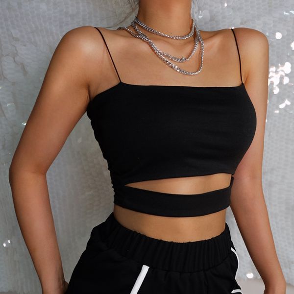 

black spaghetti strap crop summer harajuku solid slash neck camis women streetwear mujer hollow out short vest top, White