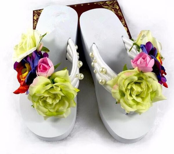 

floral flip flops wedges beautiful women shoes female summer time wear platform 01 sh190726, Black