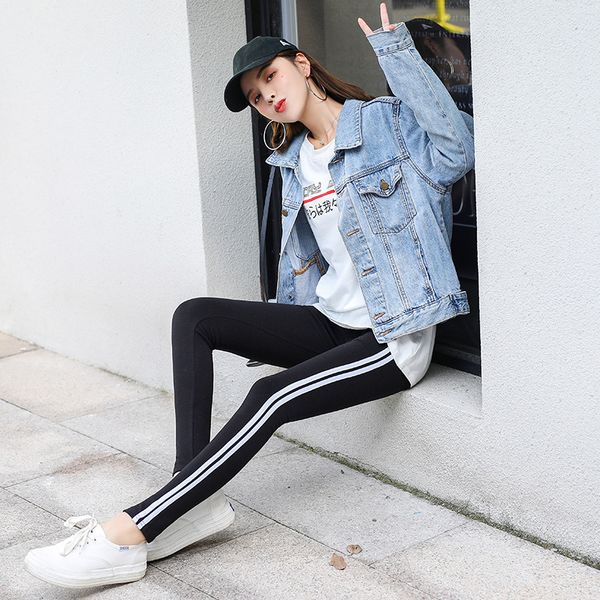 

the women's new style leggings 2019 autumn and winter striped pure cotton small-leg high-waist and thin-tight trousers, Black