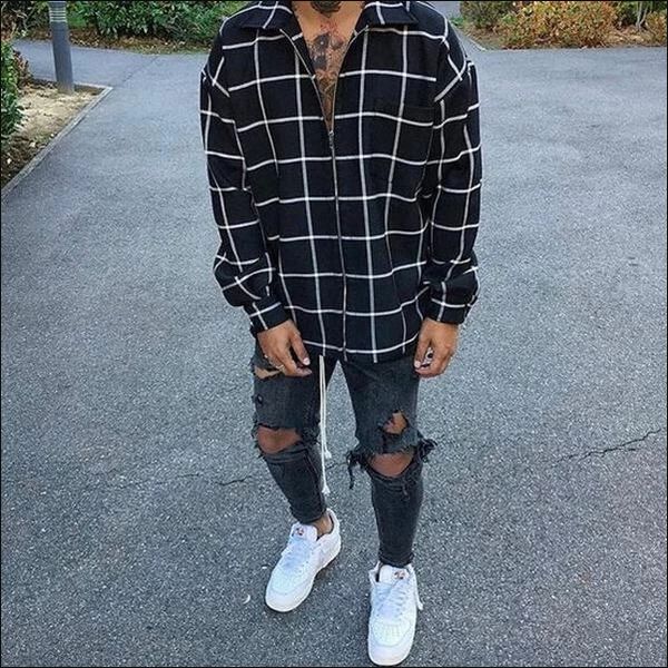 

New Men's winter Jackets zipper lapel Black plaid White stripe print Coats Outwear Baggy Tunic Chemise homme M-XXXL