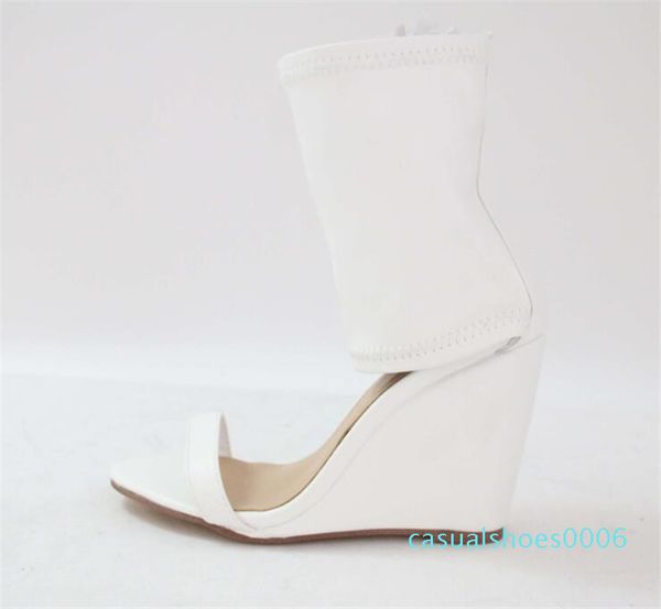

women new fashion white leather open toe wedge sandals ankle wrap super high heel wedge sandals real pictures c06, Black