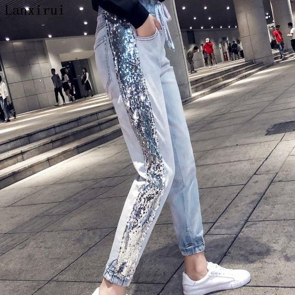 

new women high waist jeans denim striped jeans for female pants blue patchwork pants skinny 2136