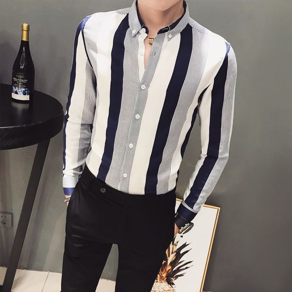 

business men shirt brand new slim fit striped casual men's social shirts long sleeve turn down collar blouse homme, White;black