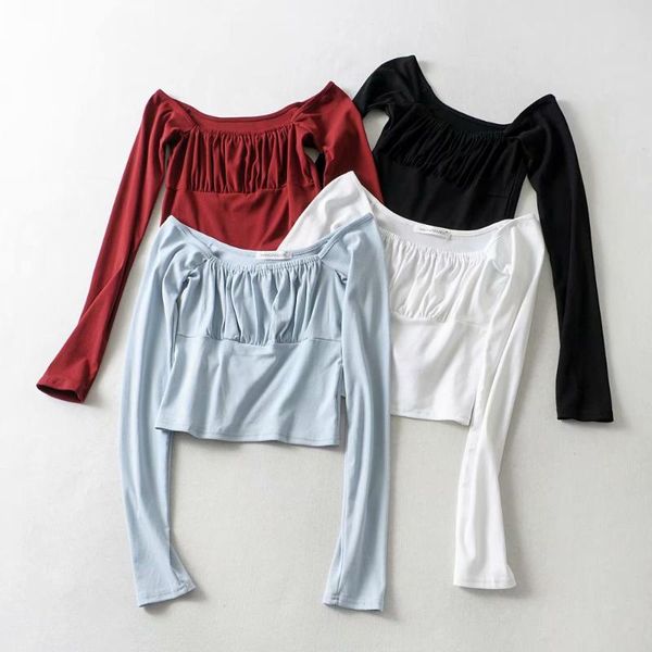 

korean-style slim models retro square collar chest pleated net surface long-sleeved t-shirt base shirt s907, White