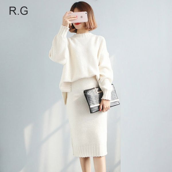

women 2 pieces sweater dress set knitting long sleeve office wear black white red pullover knit split skirt clothing suit 2018, White;black