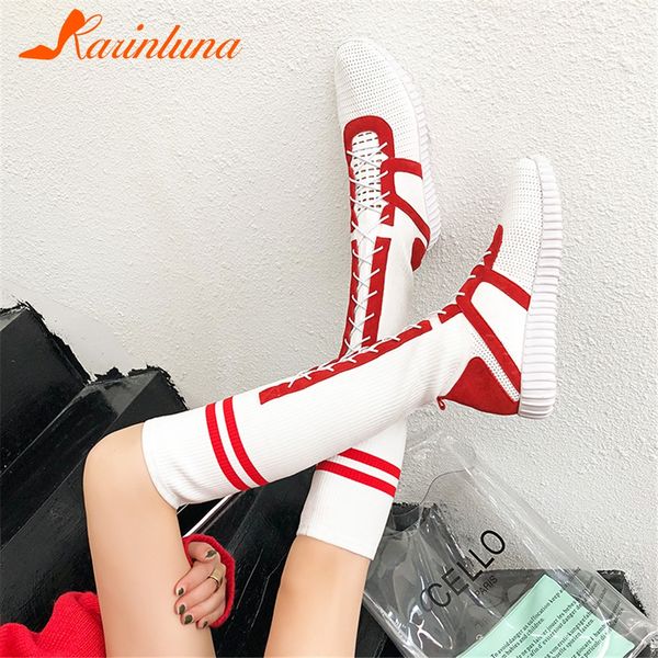 

karinluna fashion new genuine cow leather shoes woman boots female stretch fabric black red knee high boots woman shoes