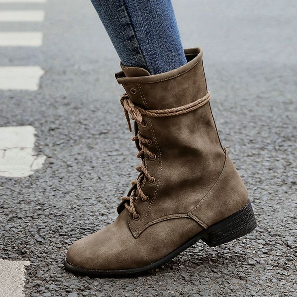 

yellow khaki ankle boots women comfort round toe flat heel boots lace-up short ladies 2019 winter riding woman, Black