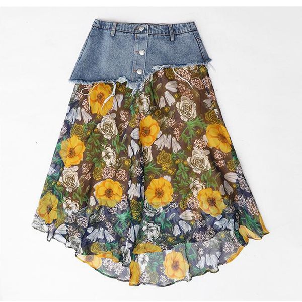 

skirts stinlicher summer women flower print chiffon denim skirt ladies long retro stitching beach fashion belt, Black