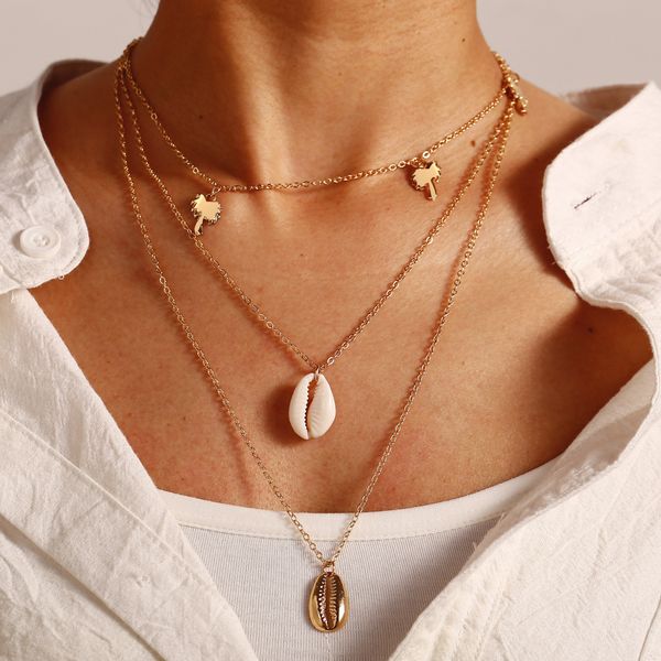 

new necklace jewelry simple coconut tree clavicle chain fashion bohemia shell pendant necklace 3 layer set, Silver