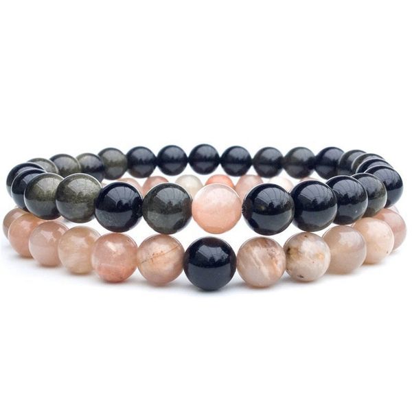 

8mm peach sunstone &golden obsidian bracelet,healing crystal bracelet elastic gemstone bracelet,gifts, Black