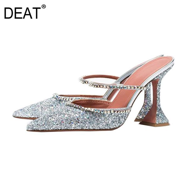 

deat] 2020 new spring summer sharp toe shallow crystal bling temperament simple high heels slippers women shoes fashion 10f815, Black