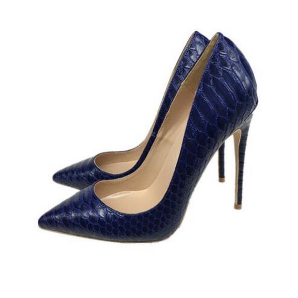 

women snake skin embossed high heel shoes italian style navy blue fashion ladies extremely high stilettos pumps big size 45, Black