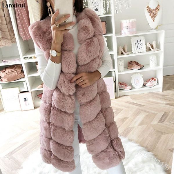 

warm faux fur vest women winter casual artifical fur warm coat super x-long waistcoat female faux furs wholesale, Black