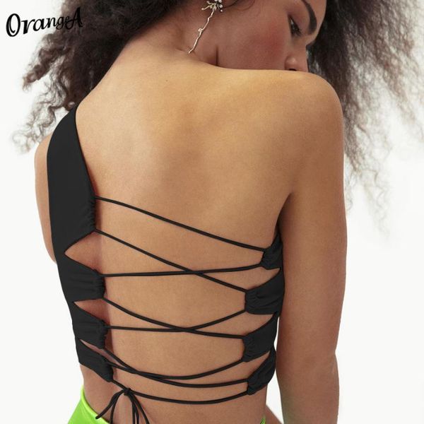 

orangea one-shoulder crop women backless asymmetrical bandage 2020 fashion tank elastic hight skinny streetwear, White