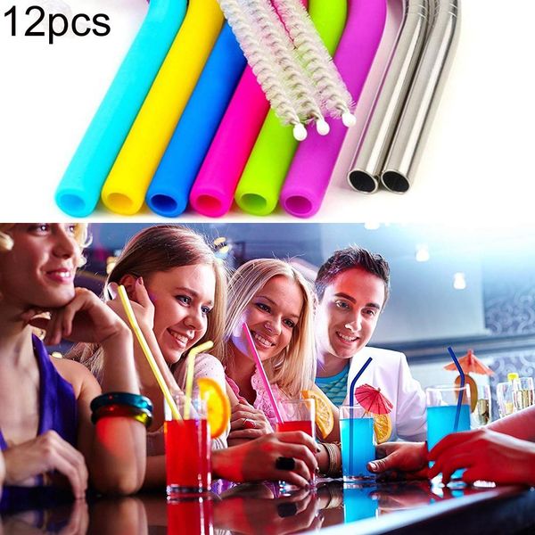 

12pcs reusable stainless steel cold beverage juice drinking straw with cleaning brush bag party home bar accessories tableware