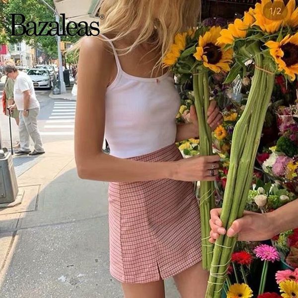 

bazaleas streetwear slim plaid skirts womens fashion a-line skirt high waist split mini skirt harajuku tartan pink short skirt, Black