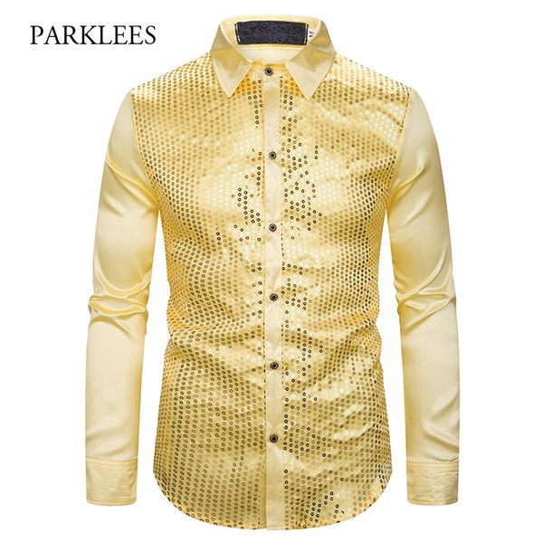 

gold sequin glitter shirts men 2019 new fashion night club silk satin camisa masculina slim fit stage disco singer chemise homme, White;black
