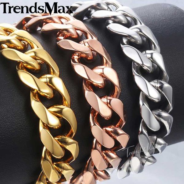 

trendsmax men bracelets stainless steel bracelet gold rose gold curb cuban link chain bracelet men's jewelry 14mm kbm25, Black