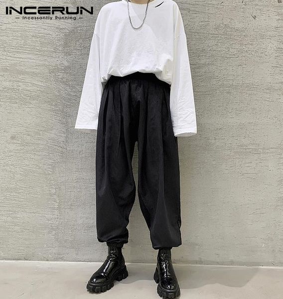 

incerun new fashion men pants baggy elastic waist solid 2020 pleated trousers men streetwear harem pants joggers pantalon s-5xl, Black