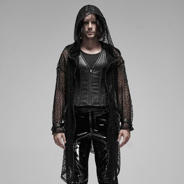 

punkrave men's gothic black mesh hooded cardigan long coat knit splic perspective thin long sleeve loose sun jacket, Black;brown