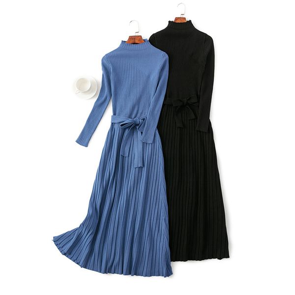 

casual dresses overknee long dress sweater small bow 2021 knitting skirt, Black;gray