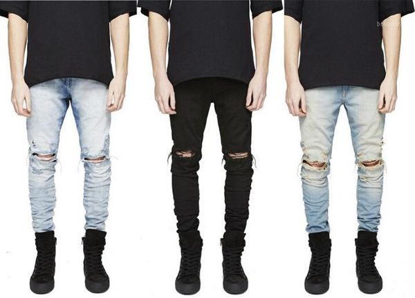 

designer slim fit ripped jeans men hi-street mens distressed denim joggers knee holes washed destroyed jeans plus size, Blue