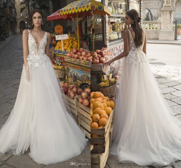 

unique a line lace beach wedding dresses deep v neck backless bridal gowns sweep train tulle boho robe de mariÃ©e, White