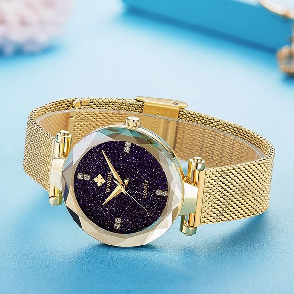 

wwoor luxury starry sky crystal women watch waterproof gold steel strap ladies watch girl fashion dress bracelets for women, Slivery;brown