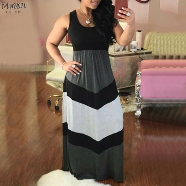 

ladies sleeveless striped dress women stripe stitching casual color block high waist maxi long dress robe longue femme, Black;gray