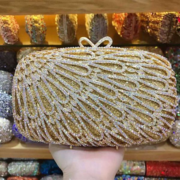 

2020 new gold metal ab crystal clutch purse elegant evening clutch bags hollow out ladies shoulder messenger bag phone case