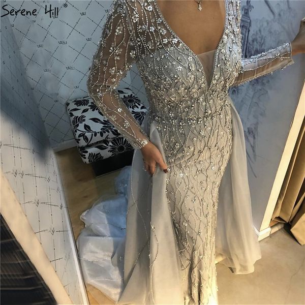 

dubai luxury v-neck grey prom dresses 2020 long sleeves diamond mermaid beading formal dress serene hill dla70341, White;black