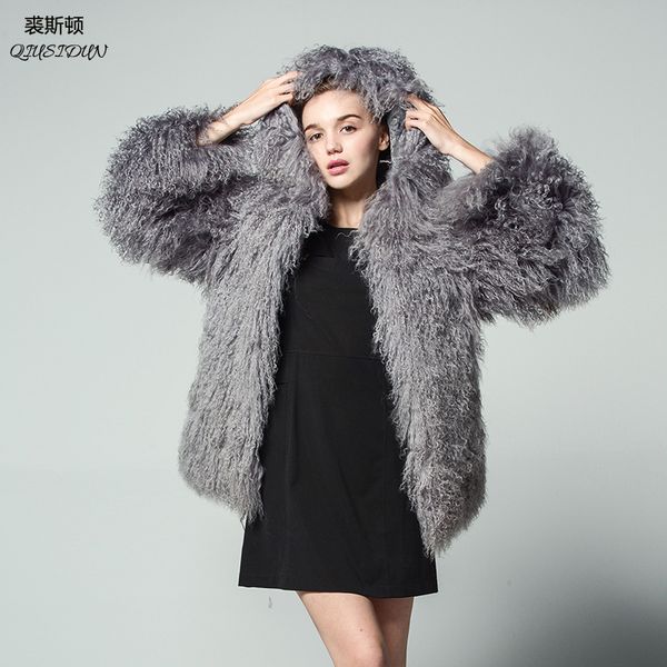 

new pattern fashionable fur long sleeve cap female tan sheep loose coat russia woman thickening lined large size winter jacket, Black